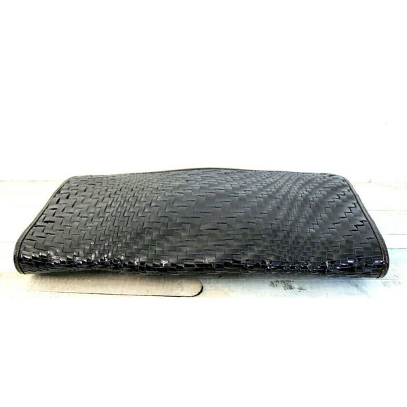 7.2"x14.5" Cole Haan PATENT BROWN WOVEN GENUINE LEATHER FLAP LRG CLUTCH HANDBAG - Picture 5 of 10